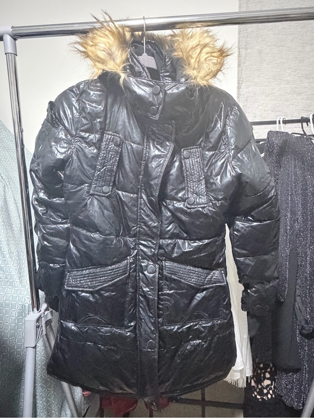 Black Quilted Puffer Coat with Faux-Fur Trim Hood